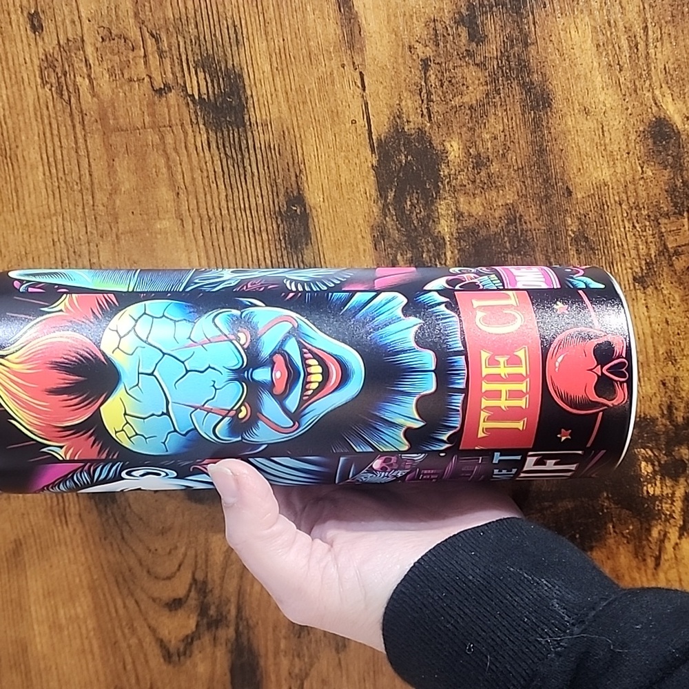 20oz Horror Blue and Black Graphic Tumbler With Horror Characters On It.